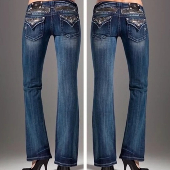 Miss Me Boot Embellished Black Rose Lace & Rhinestone Detail Edgy Jeans - Picture 2 of 16